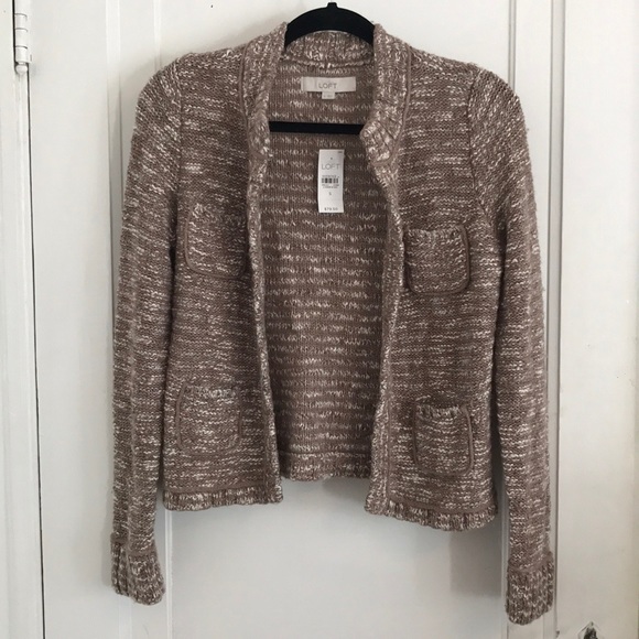 NWT LOFT Tan & White Four Pocket Cardigan, S - Picture 1 of 8